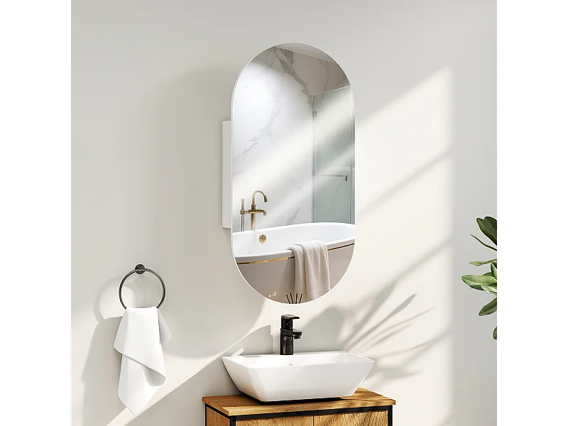 Specchio bagno ovale con armadietto e 2 ripiani 45x90 cm bianco