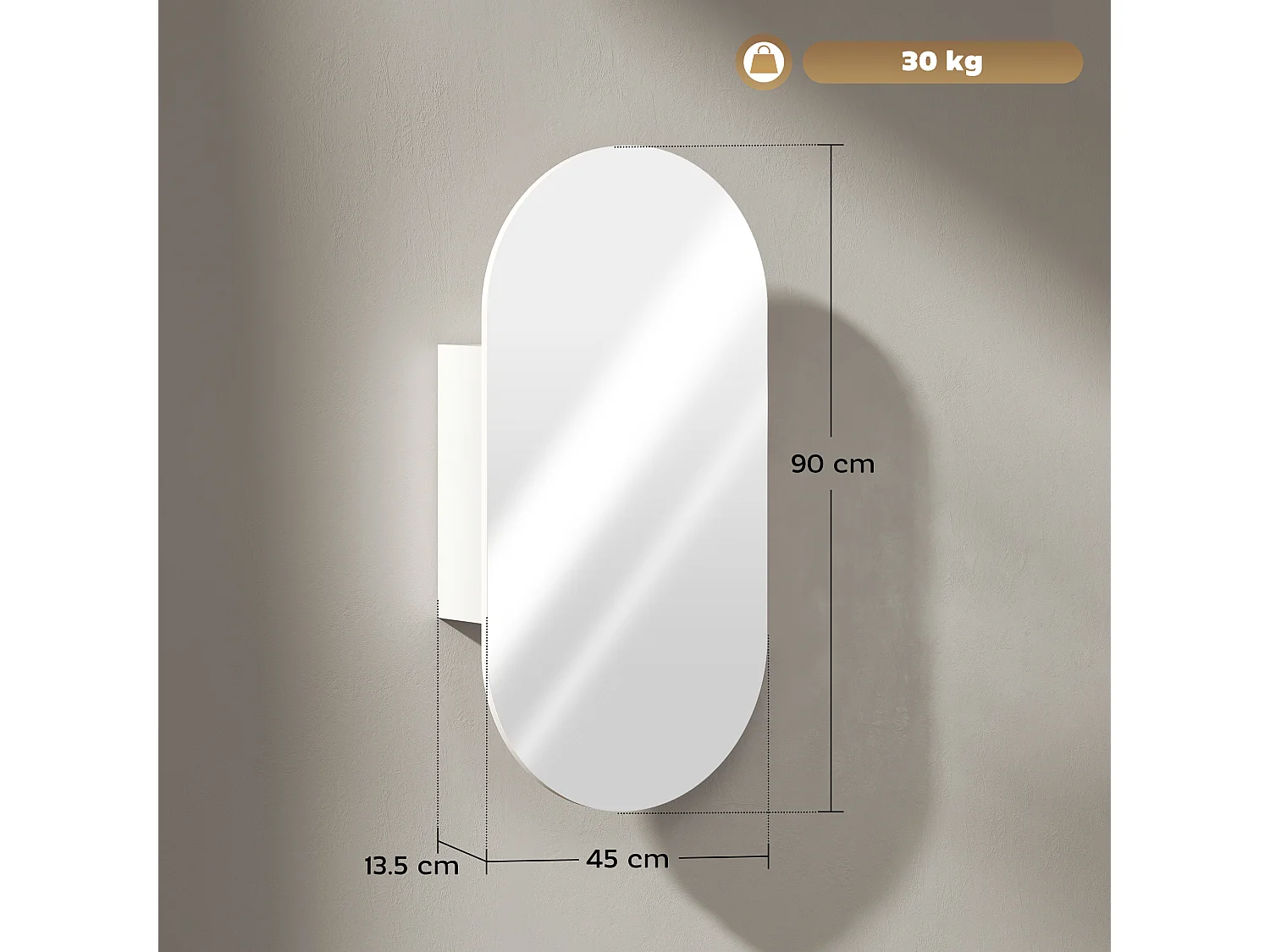 Specchio bagno ovale con armadietto e 2 ripiani 45x90 cm bianco