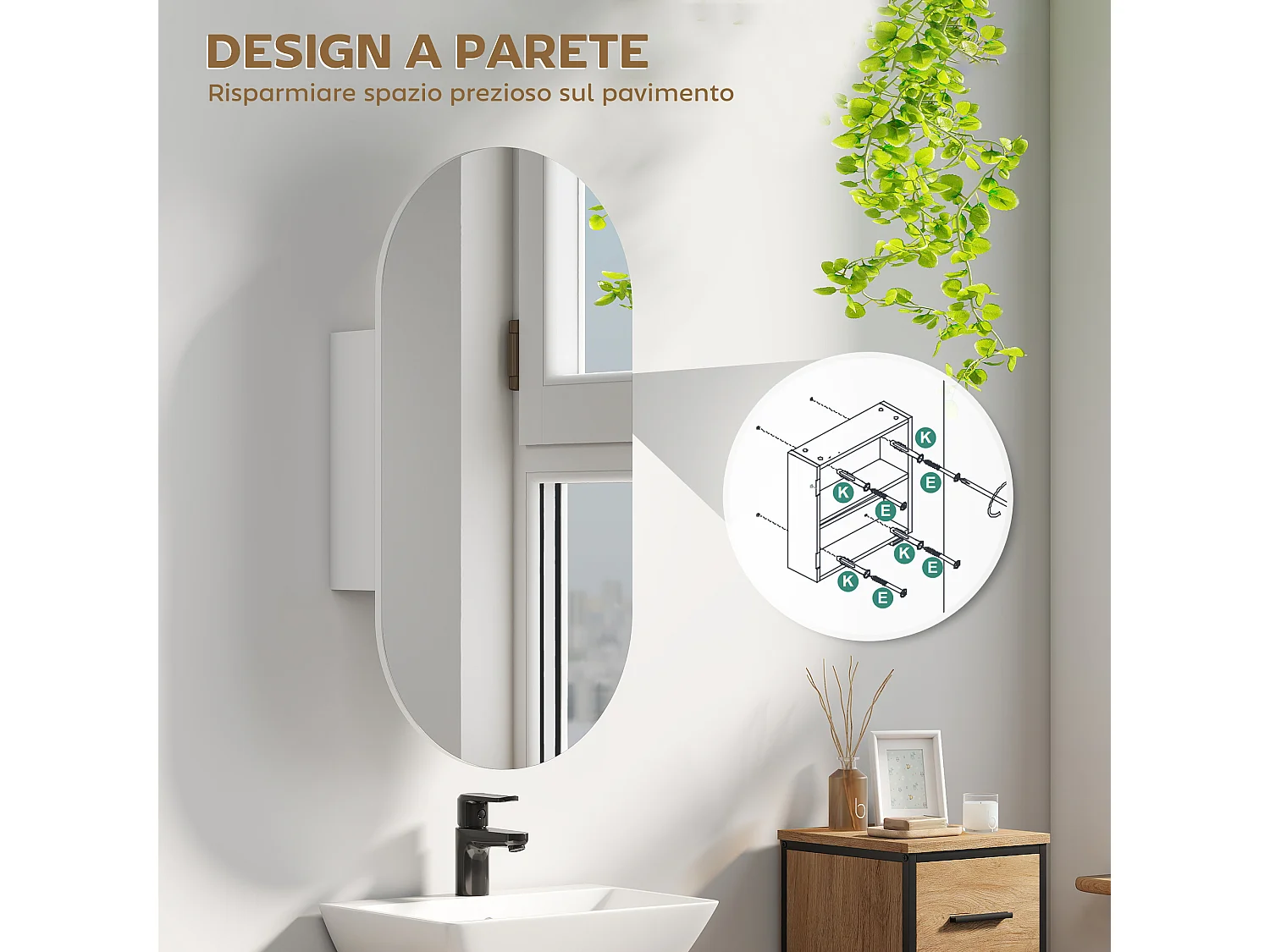 Specchio bagno ovale con armadietto e 2 ripiani 45x90 cm bianco
