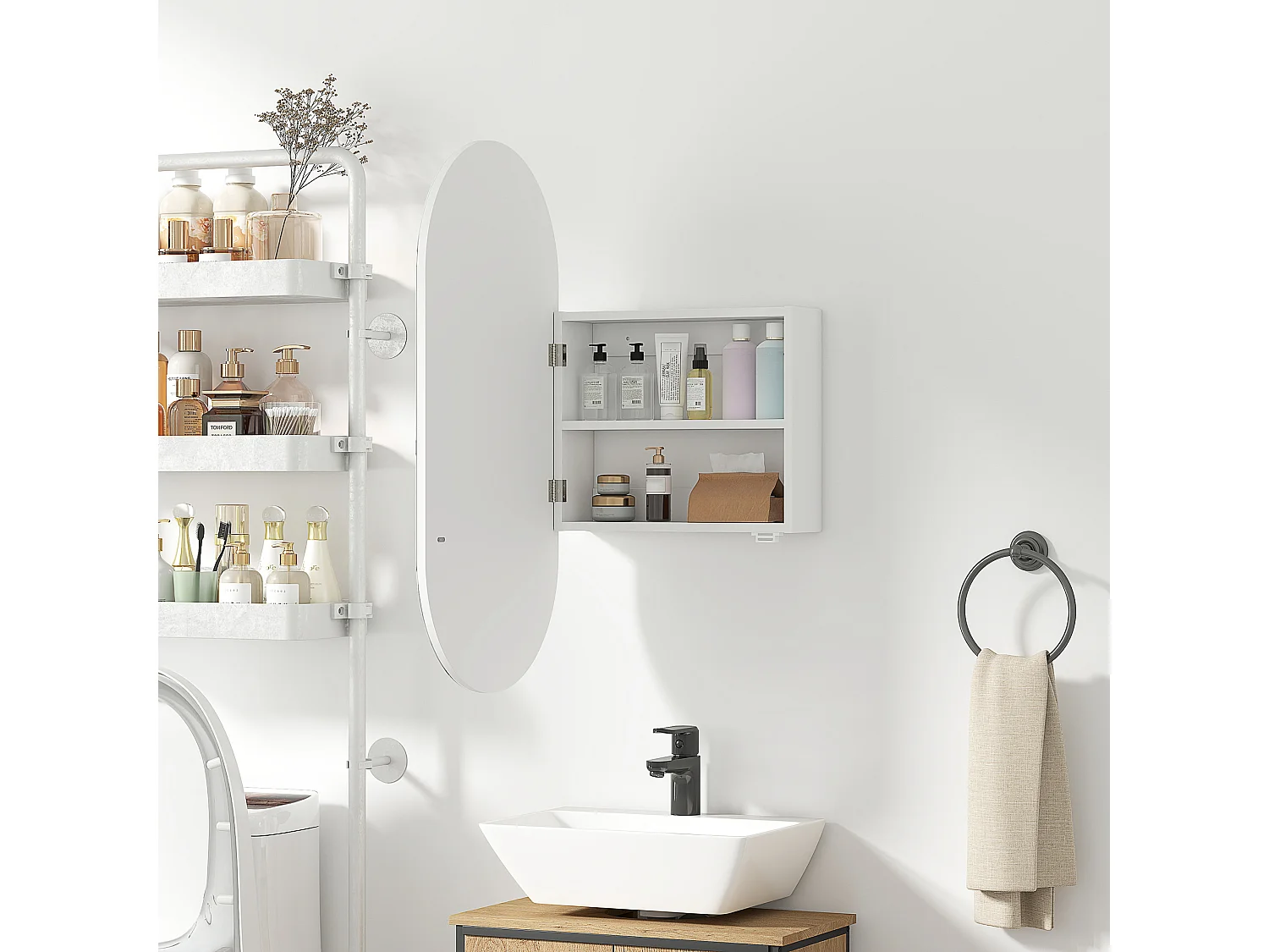 Specchio bagno ovale con armadietto e 2 ripiani 45x90 cm bianco