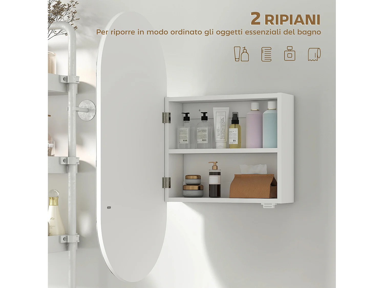 Specchio bagno ovale con armadietto e 2 ripiani 45x90 cm bianco