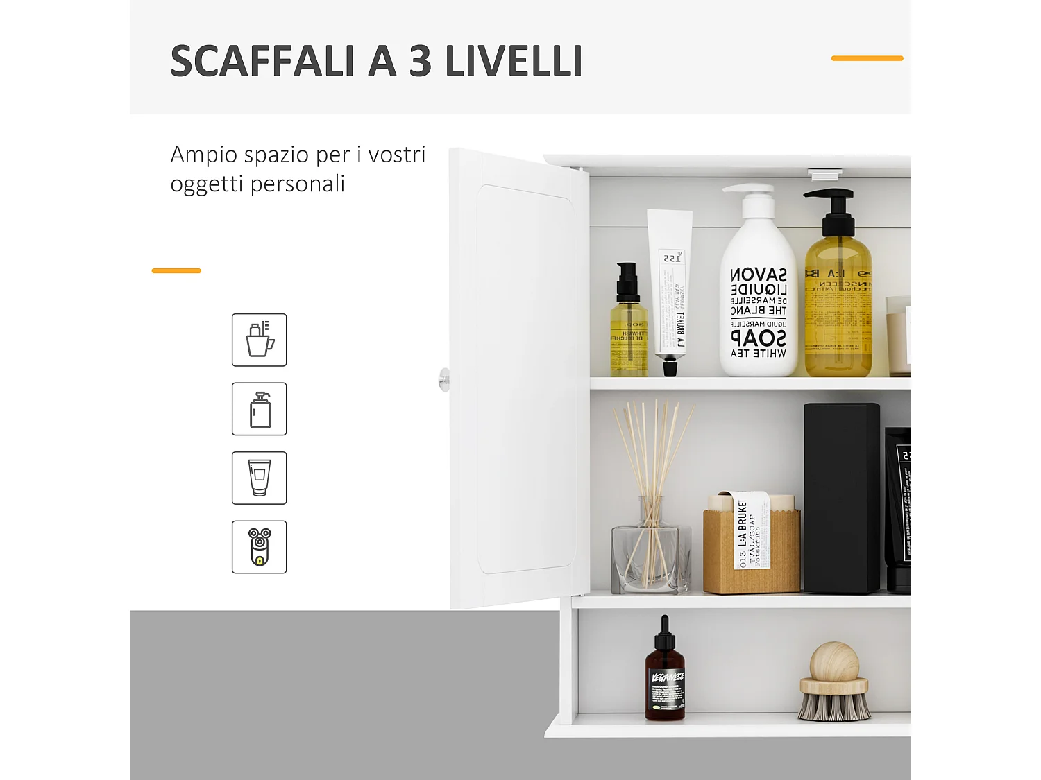 Mobiletto armadietto a muro con specchio da bagno cucina in mdf bianco