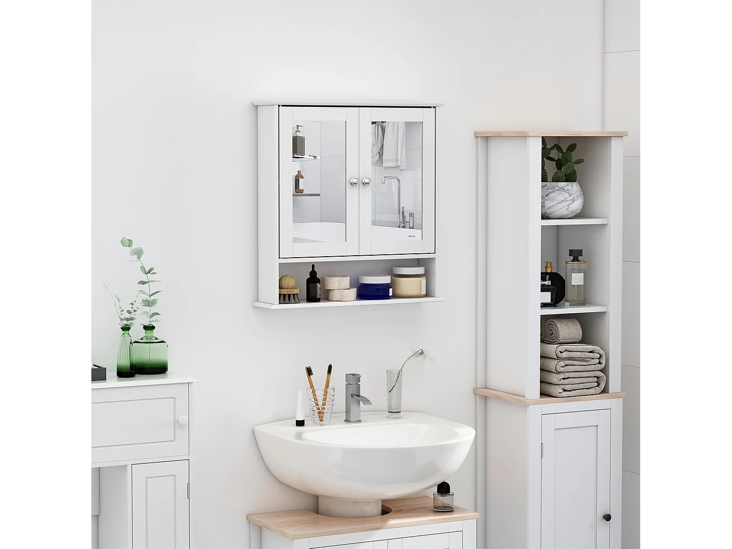 Mobiletto armadietto a muro con specchio da bagno cucina in mdf bianco