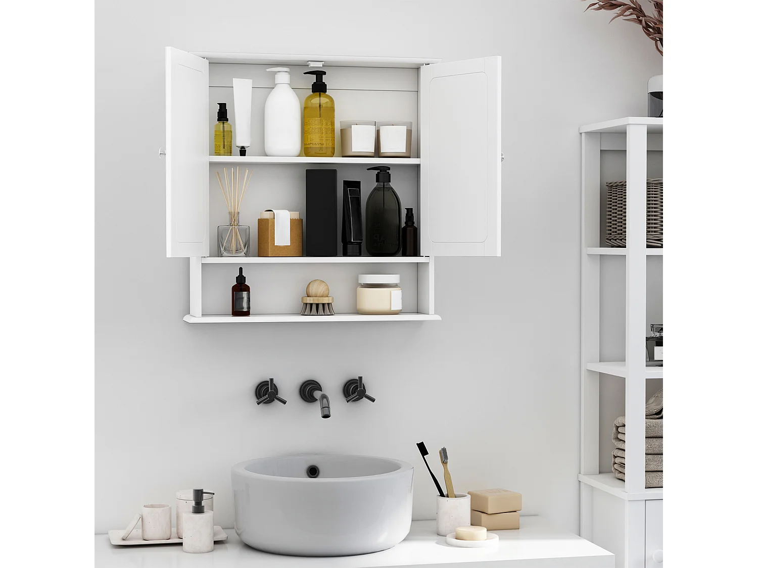 Mobiletto armadietto a muro con specchio da bagno cucina in mdf bianco