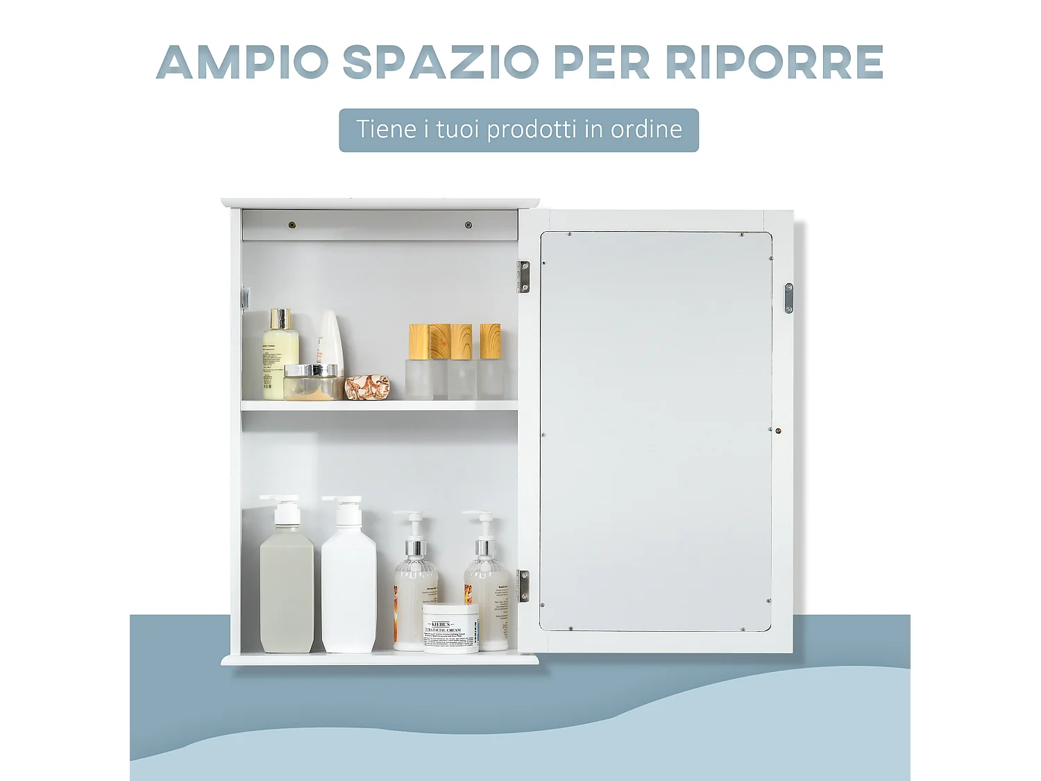 Mobiletto bagno pensile con specchio 41x14x60cm legno bianco