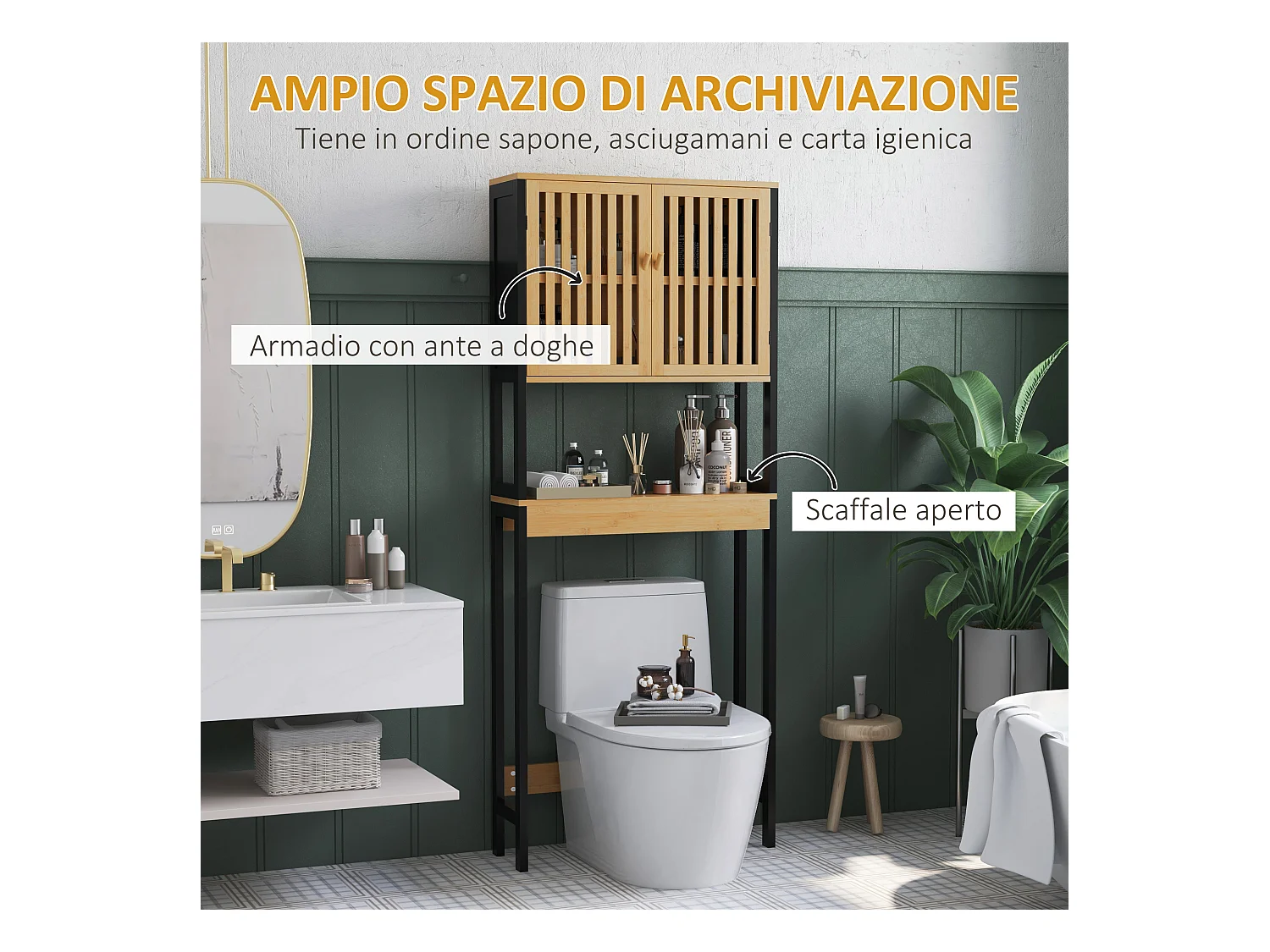 Mobile sopra wc con armadietto 2 ante e ripiano aperto in legno