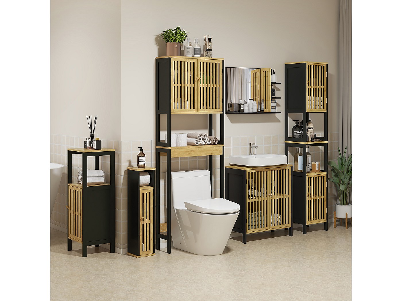 Mobiletto Bagno In Bambù LIFEZEAL – 2 Ante E Ripiano Aperto, Autoportante, Ideale Per Lavatrice E WC