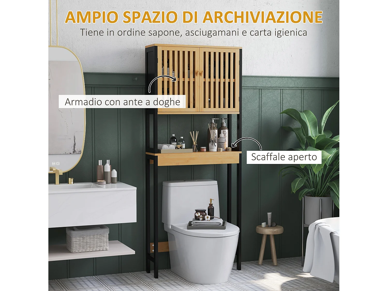 Mobile sopra wc con armadietto 2 ante e ripiano aperto in legno