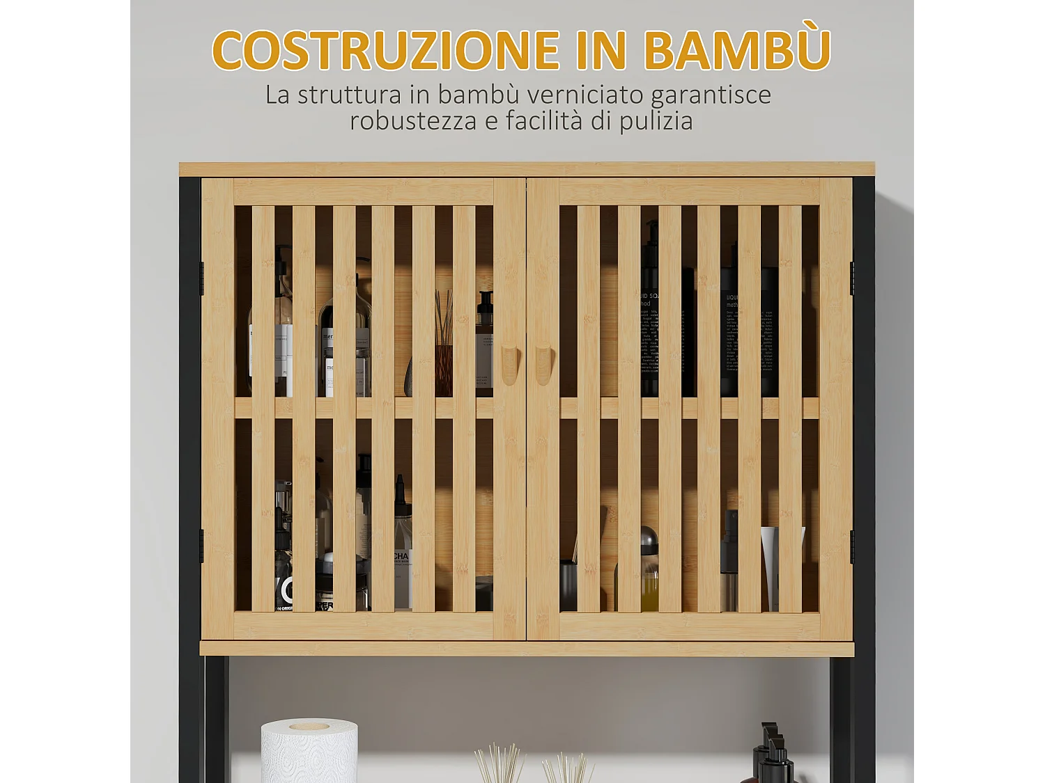 Mobile sopra wc con armadietto 2 ante e ripiano aperto in legno