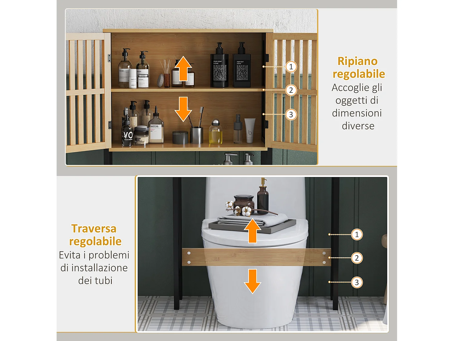 Mobile sopra wc con armadietto 2 ante e ripiano aperto in legno