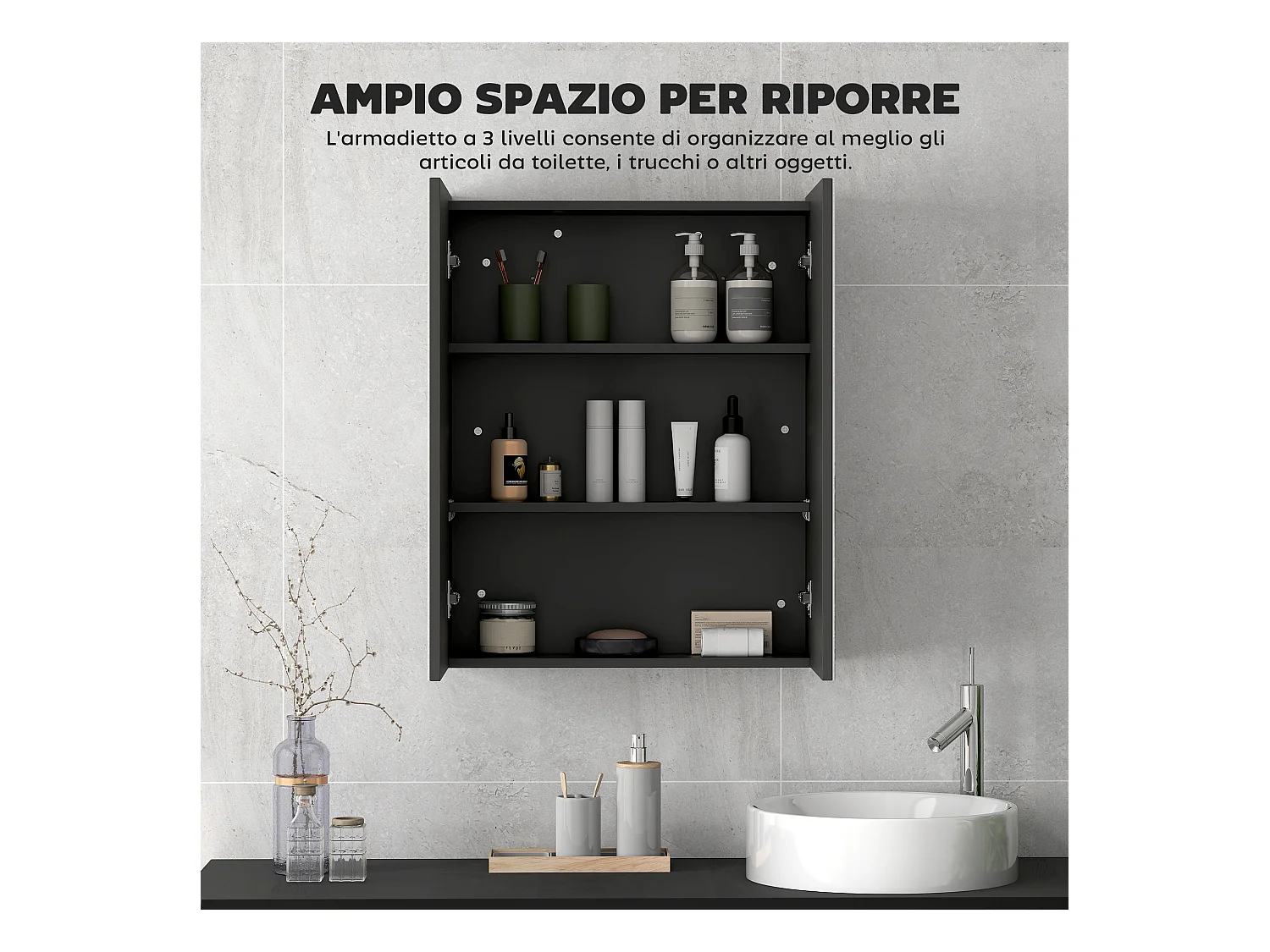 Pensile bagno a 2 ante con specchio e ripiani in mdf nero