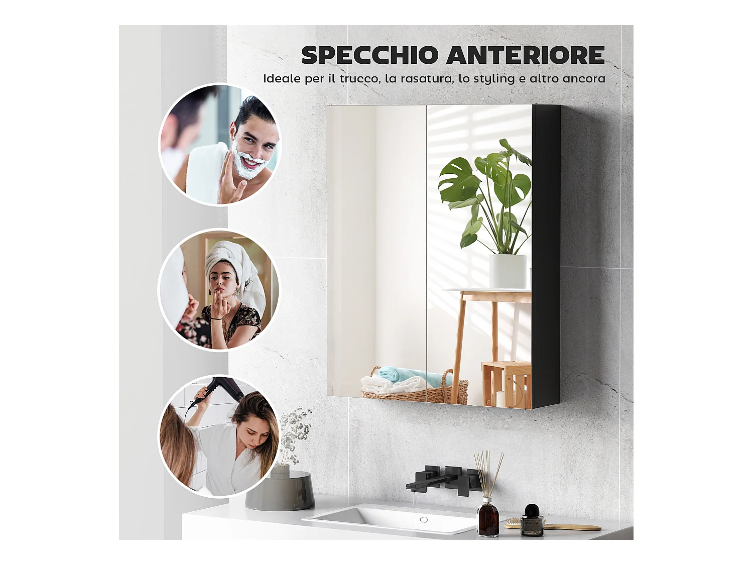 Pensile bagno a 2 ante con specchio e ripiani in mdf nero