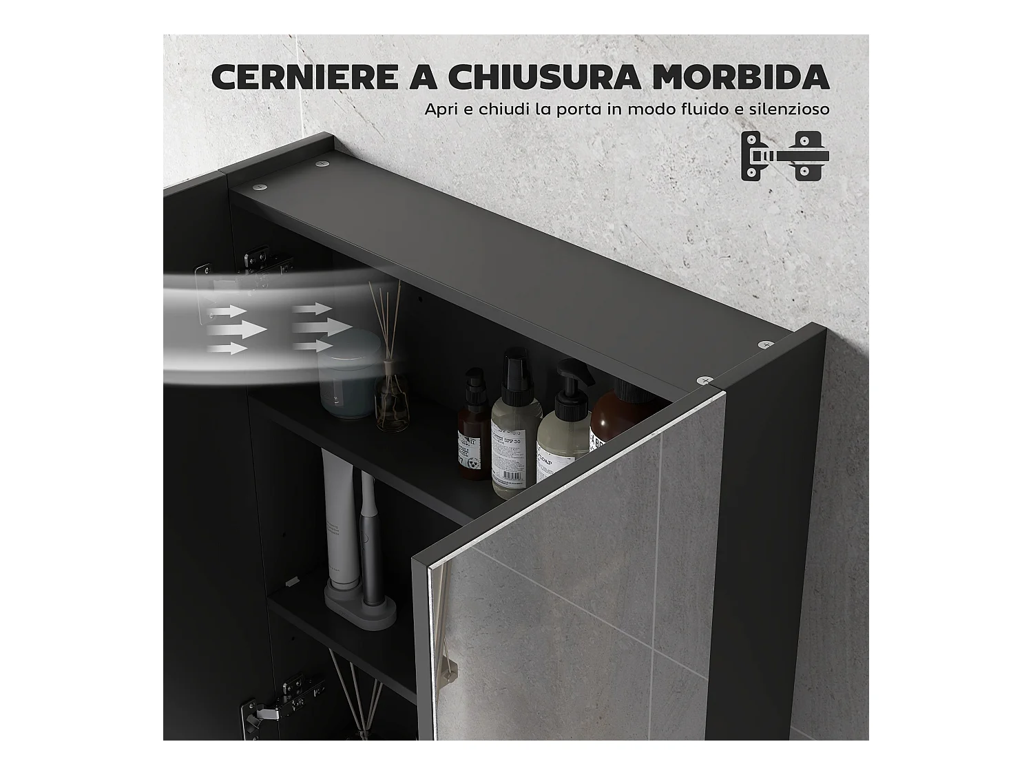 Pensile bagno a 2 ante con specchio e ripiani in mdf nero