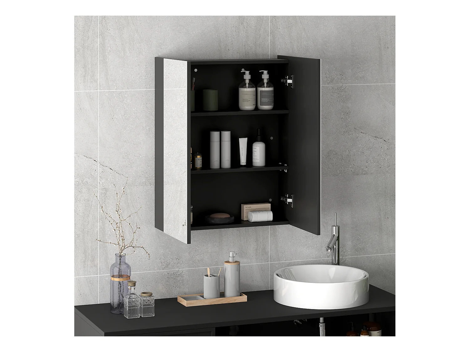 Pensile bagno a 2 ante con specchio e ripiani in mdf nero