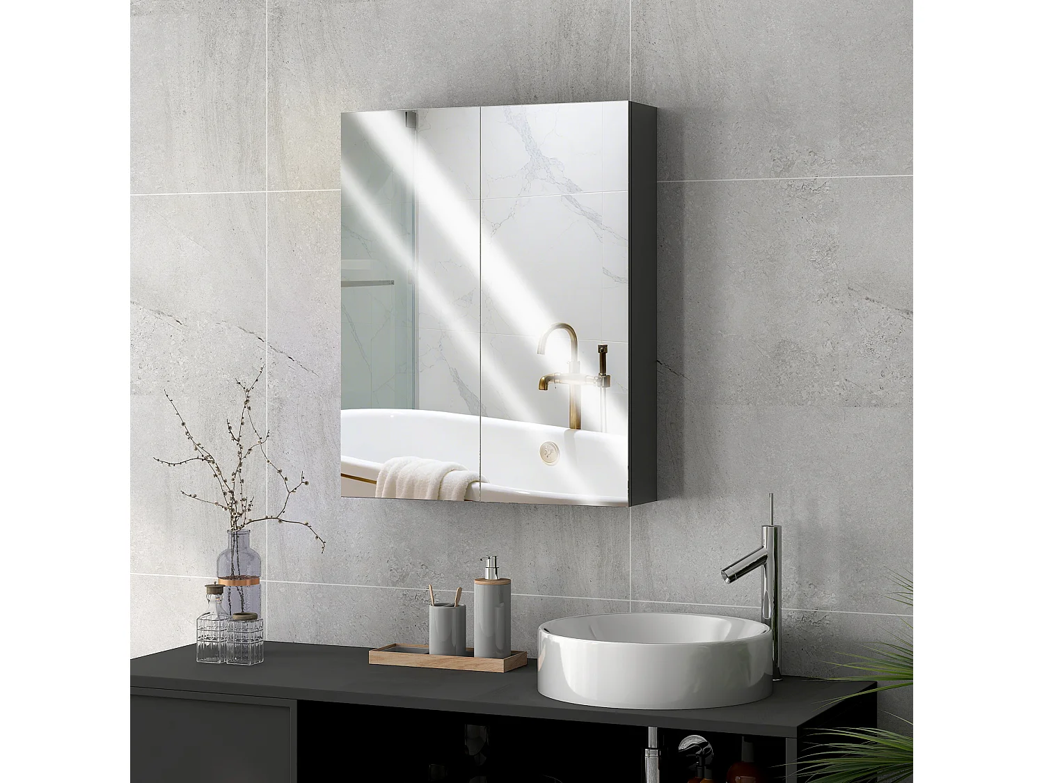 Pensile bagno a 2 ante con specchio e ripiani in mdf nero