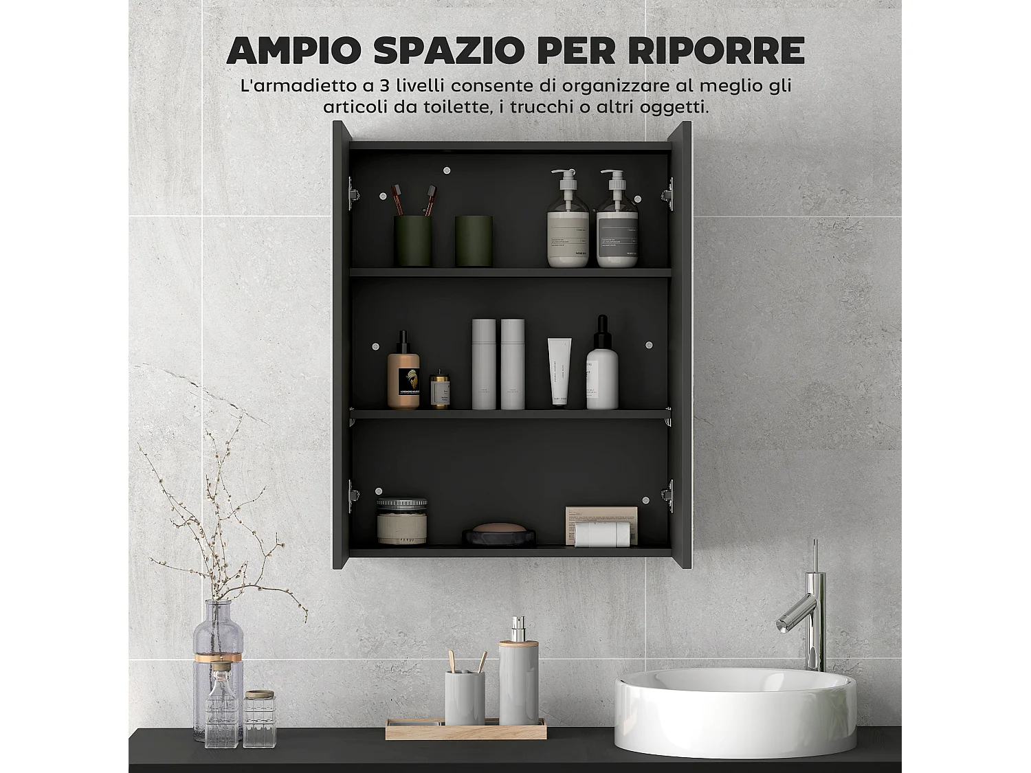Pensile bagno a 2 ante con specchio e ripiani in mdf nero