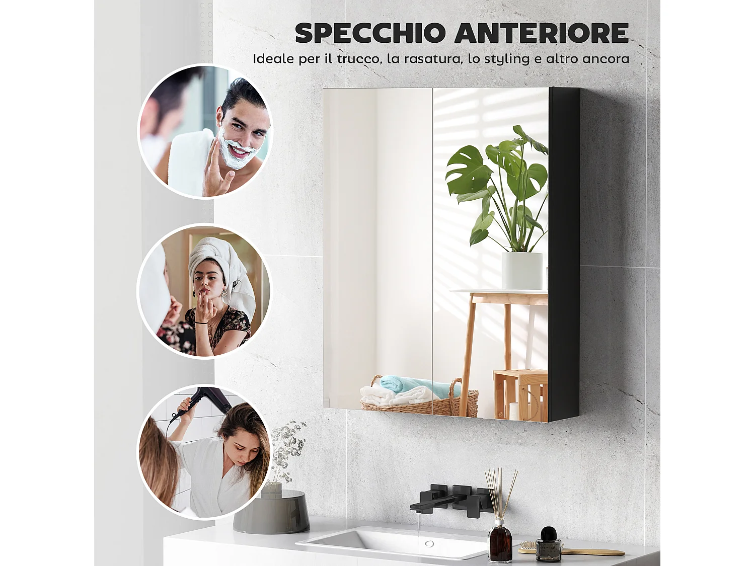 Pensile bagno a 2 ante con specchio e ripiani in mdf nero