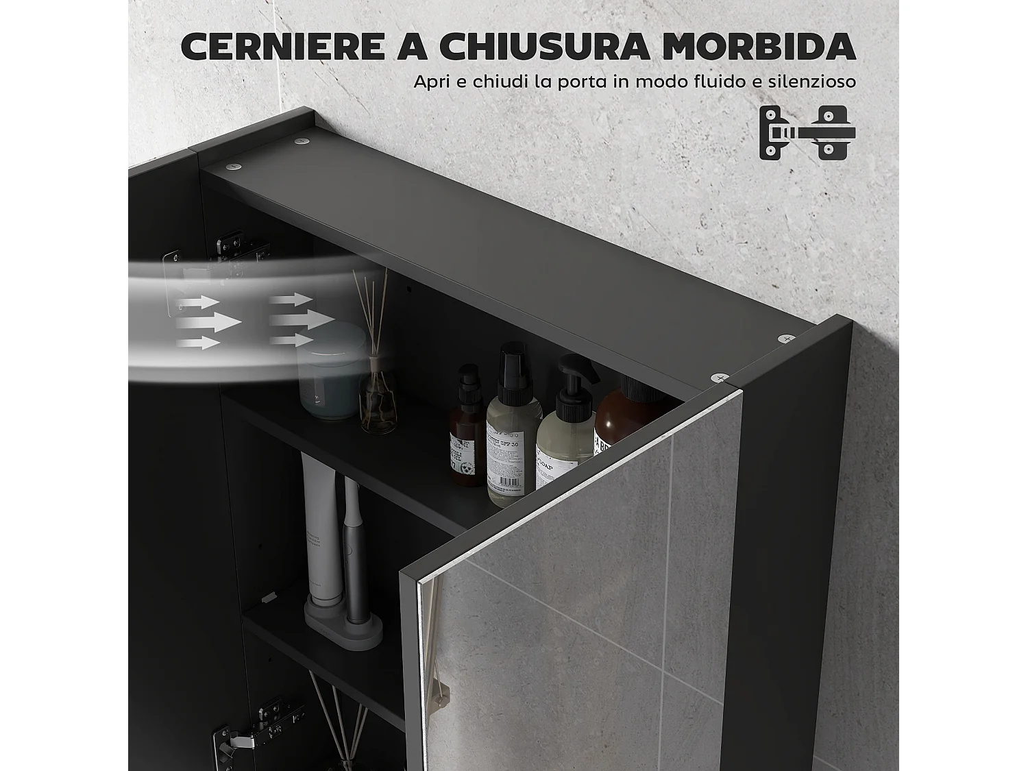 Pensile bagno a 2 ante con specchio e ripiani in mdf nero