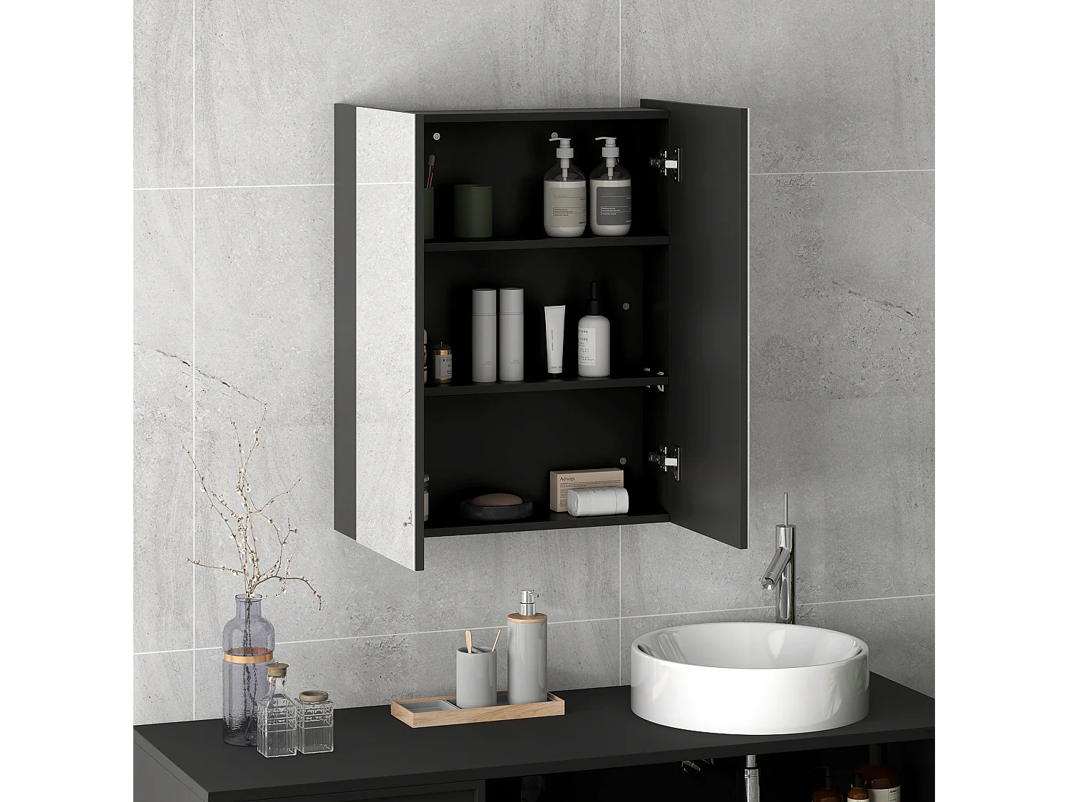 Pensile bagno a 2 ante con specchio e ripiani in mdf nero