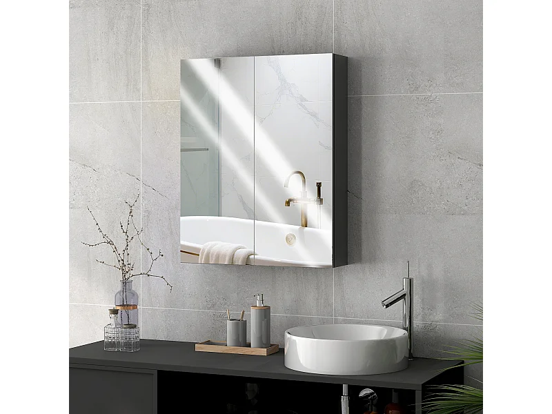 Pensile bagno a 2 ante con specchio e ripiani in mdf nero