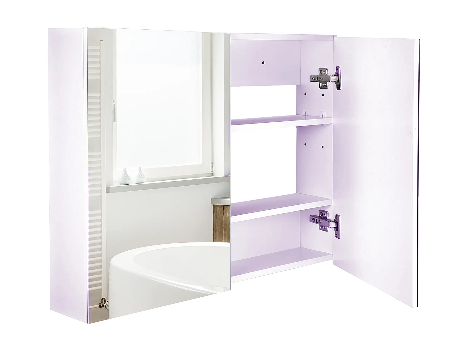 Specchiera per il bagno a 2 ante con 3 ripiani interni in legno bianco