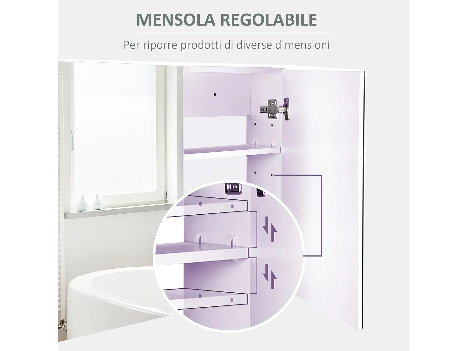 Specchiera per il bagno a 2 ante con 3 ripiani interni in legno bianco