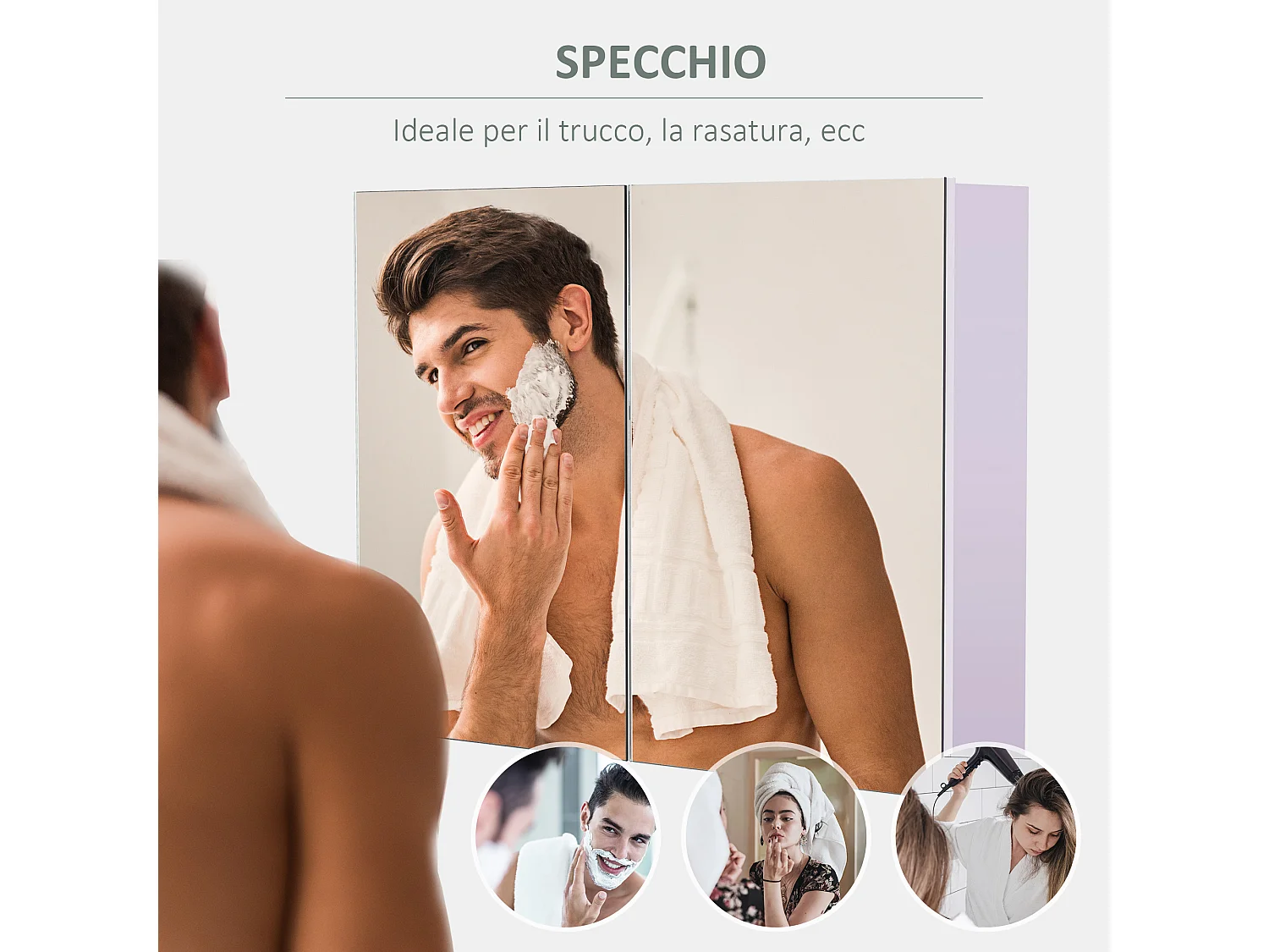 Specchiera per il bagno a 2 ante con 3 ripiani interni in legno bianco