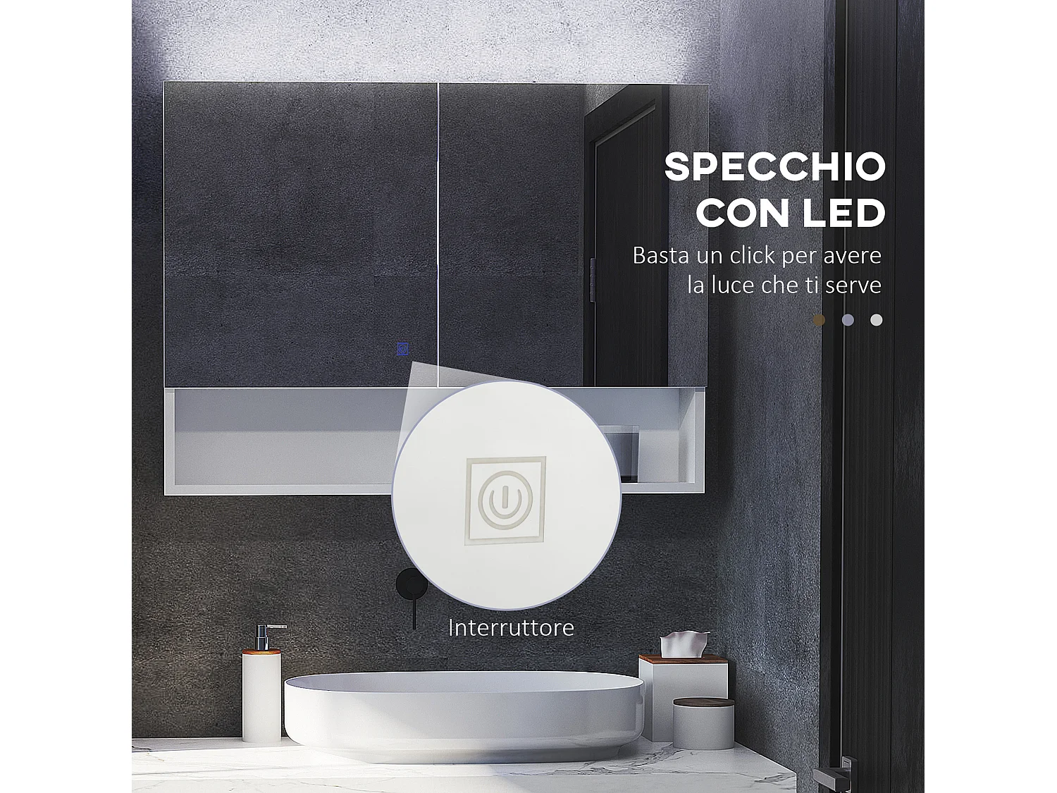 Armadietto con specchio con luci led ripiano aperto e interno