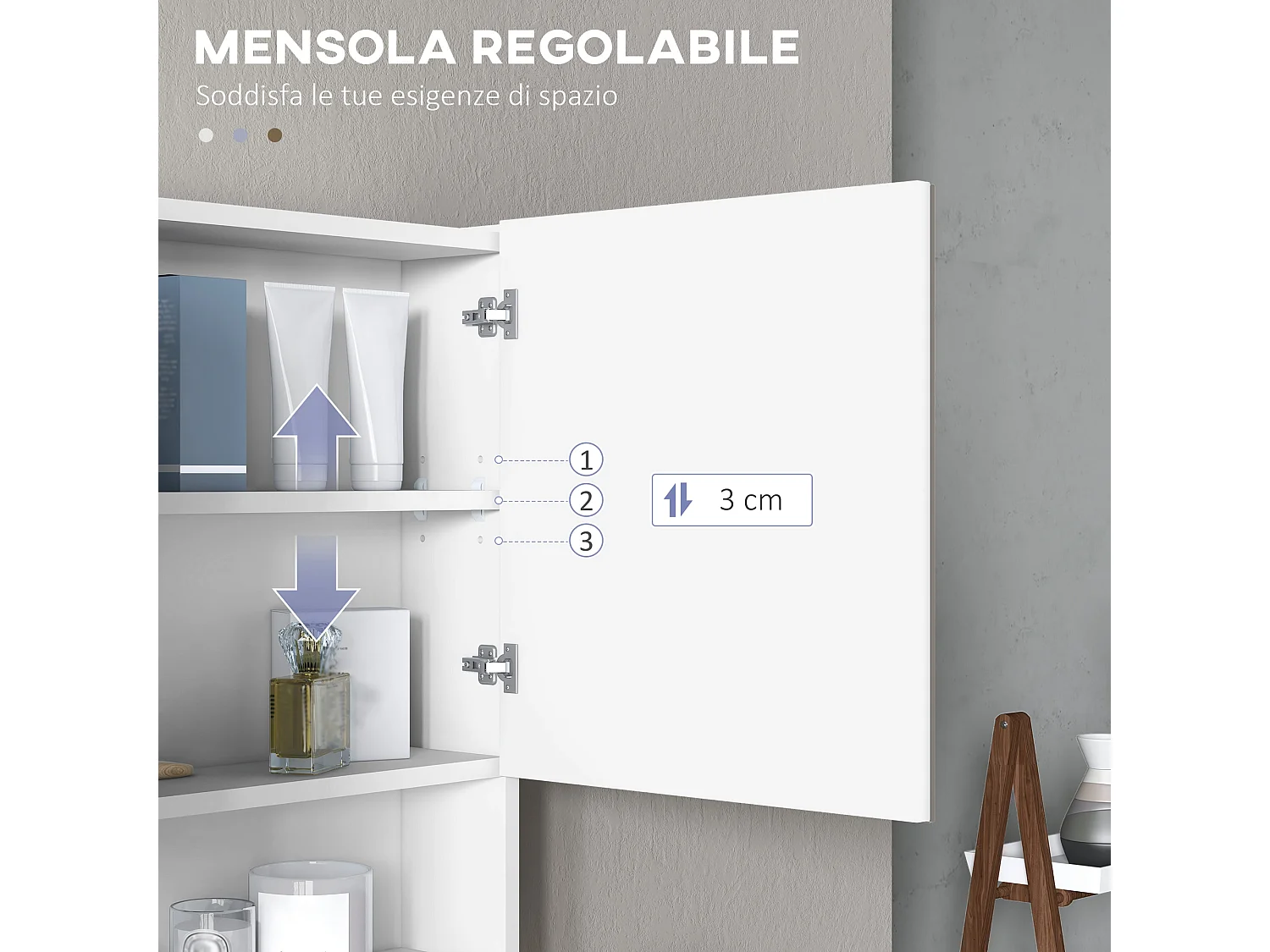 Armadietto con specchio con luci led ripiano aperto e interno