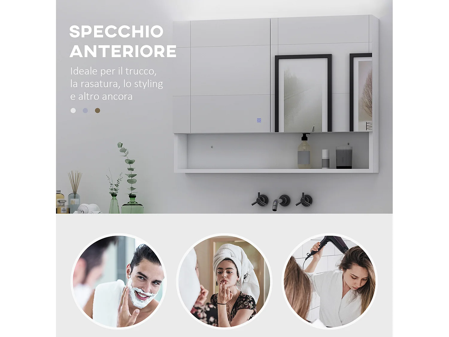 Armadietto con specchio con luci led ripiano aperto e interno