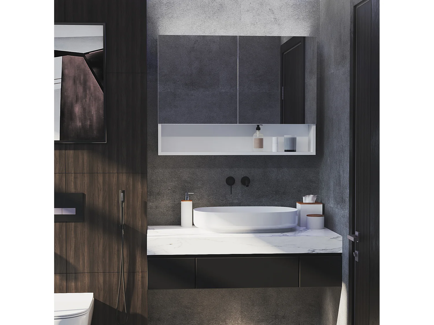 Armadietto con specchio con luci led ripiano aperto e interno