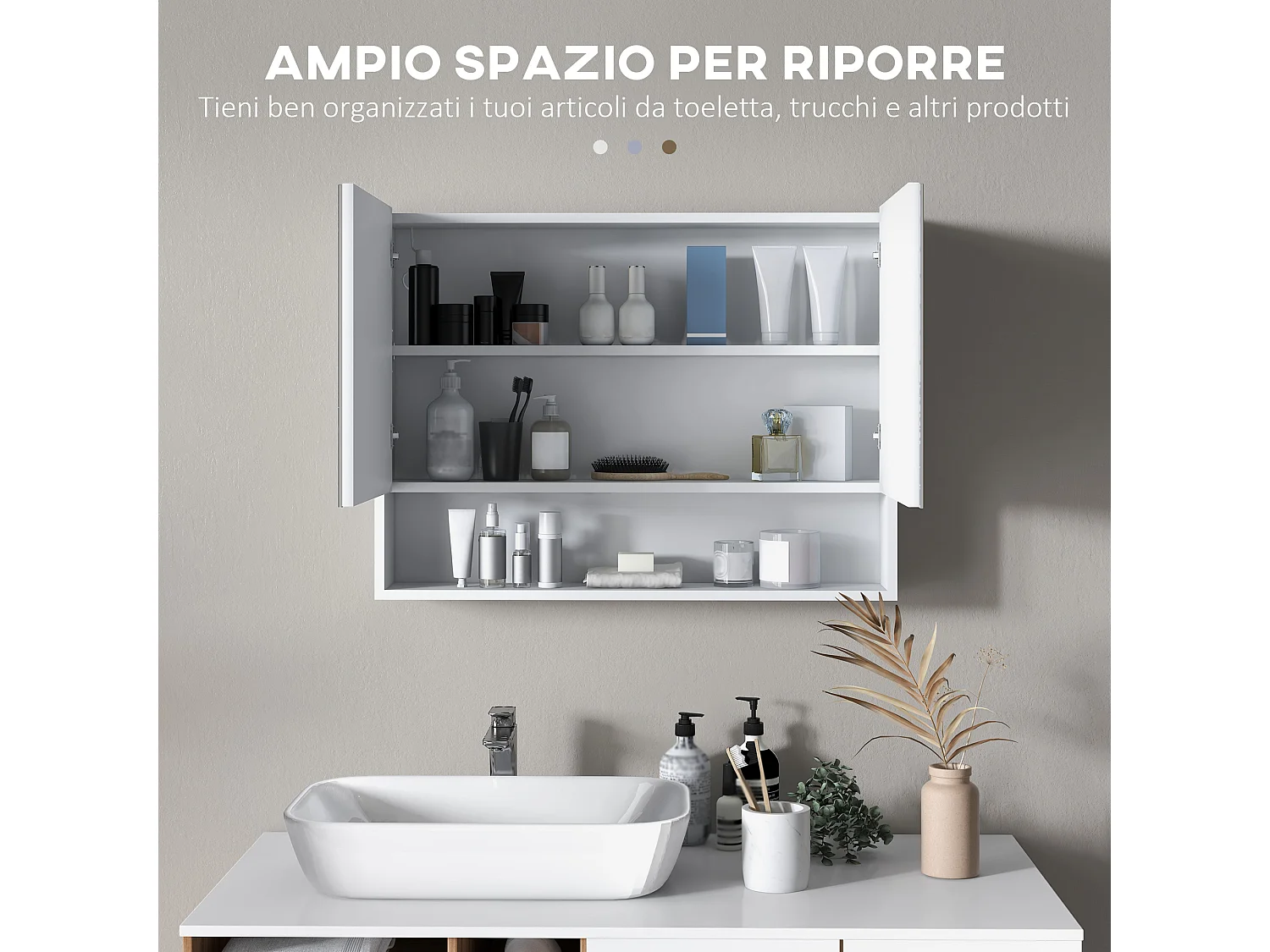 Armadietto con specchio con luci led ripiano aperto e interno