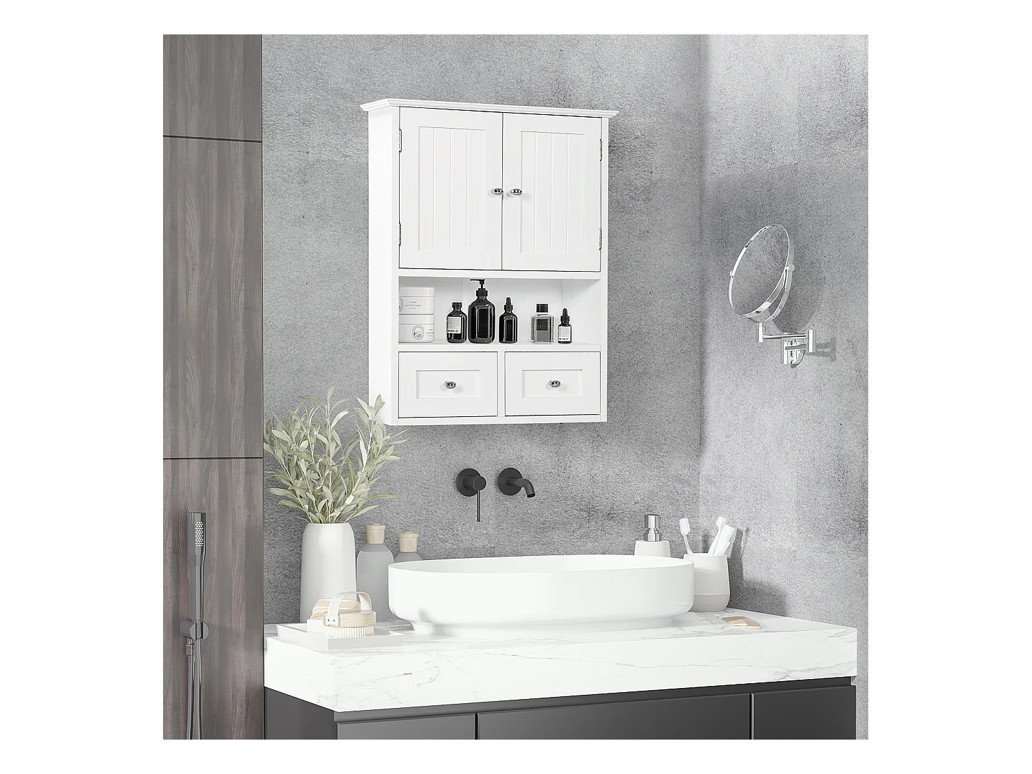 Armadietto pensile bagno 2 ante con 2 cassetti e ripiano aperto