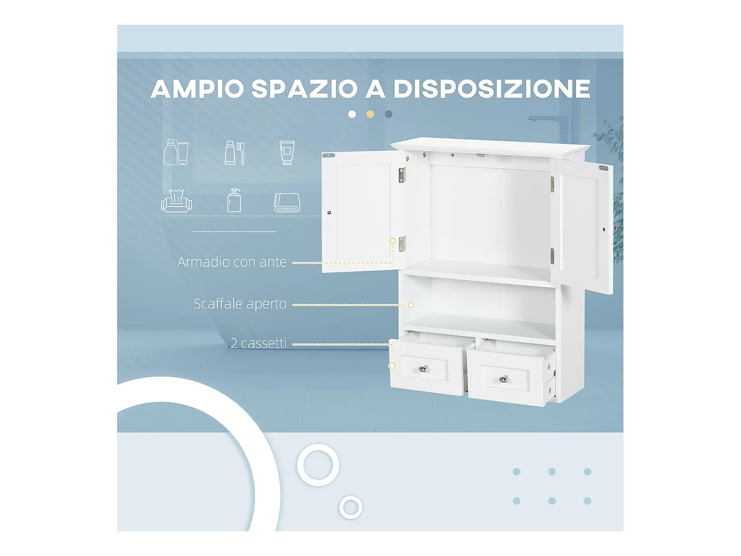 Armadietto pensile bagno 2 ante con 2 cassetti e ripiano aperto