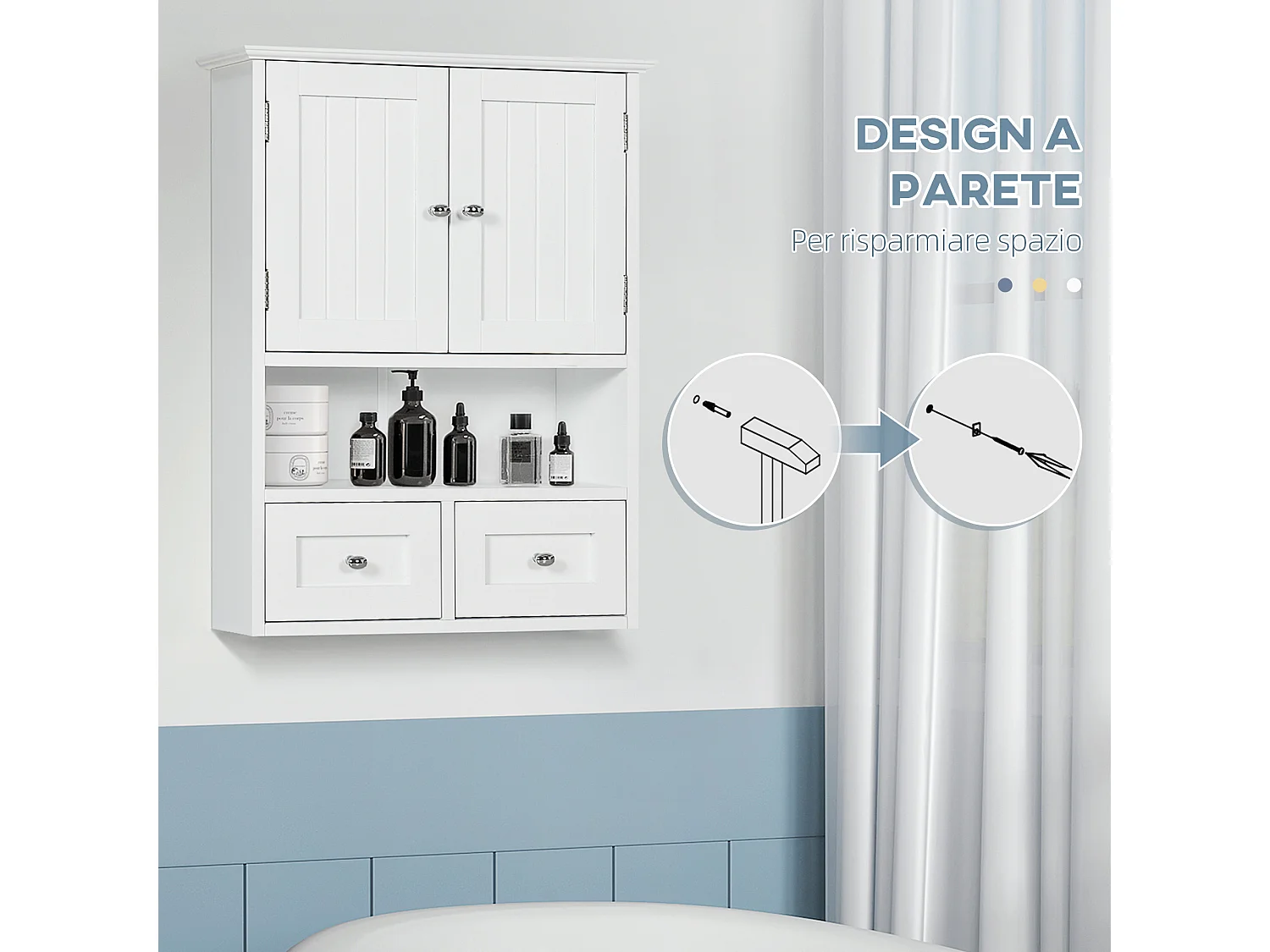 Armadietto pensile bagno 2 ante con 2 cassetti e ripiano aperto