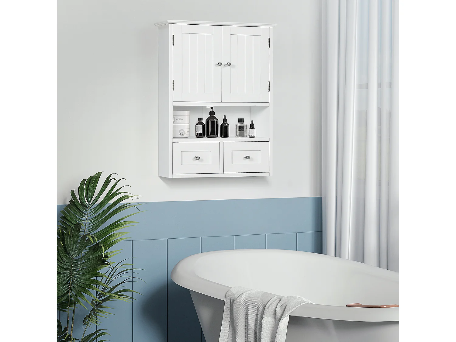 Armadietto pensile bagno 2 ante con 2 cassetti e ripiano aperto