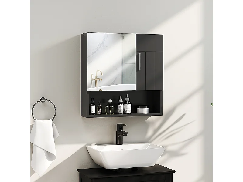 Specchiera bagno in legno a 2 ante con ripiano aperto nero