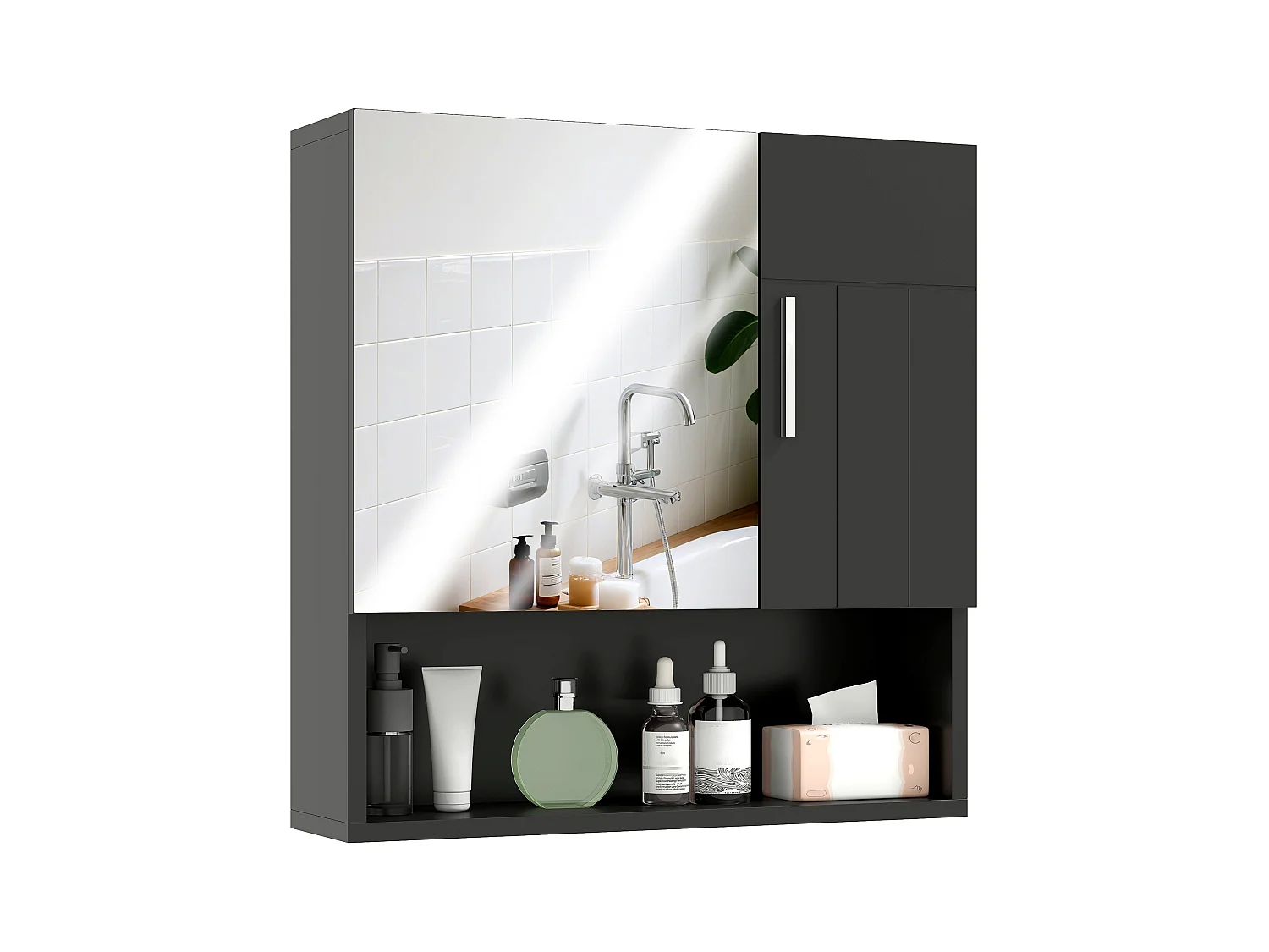 Specchiera bagno in legno a 2 ante con ripiano aperto nero