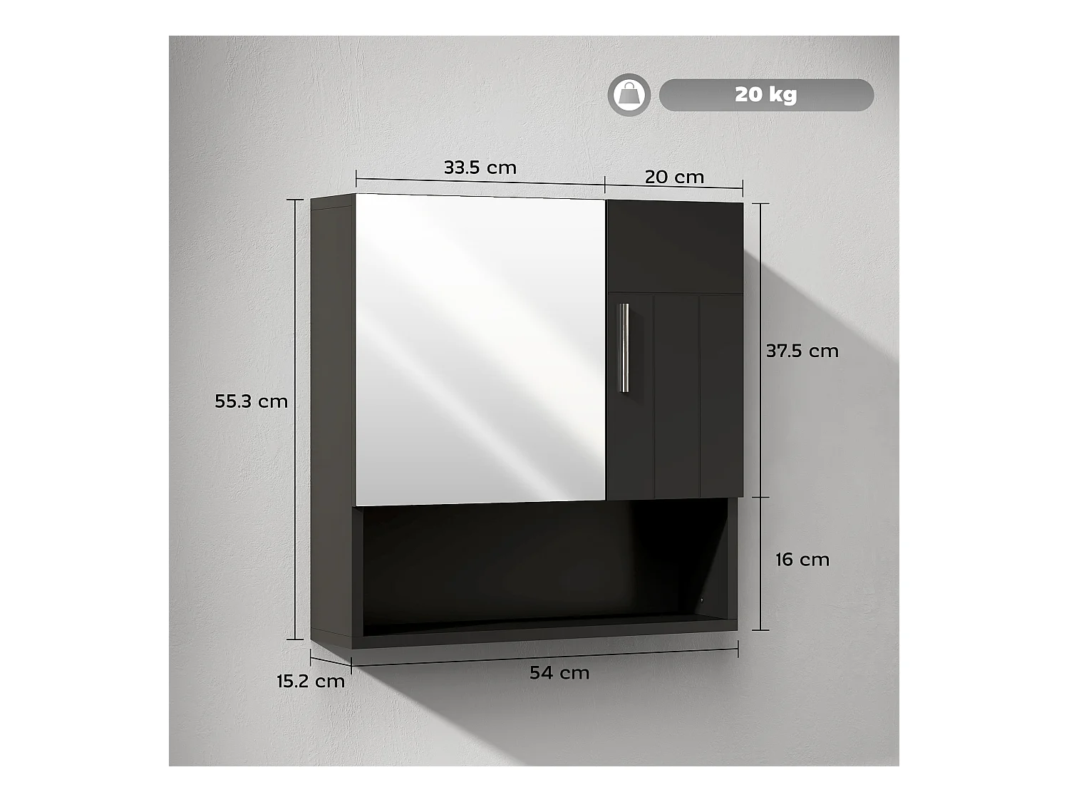 Specchiera bagno in legno a 2 ante con ripiano aperto nero