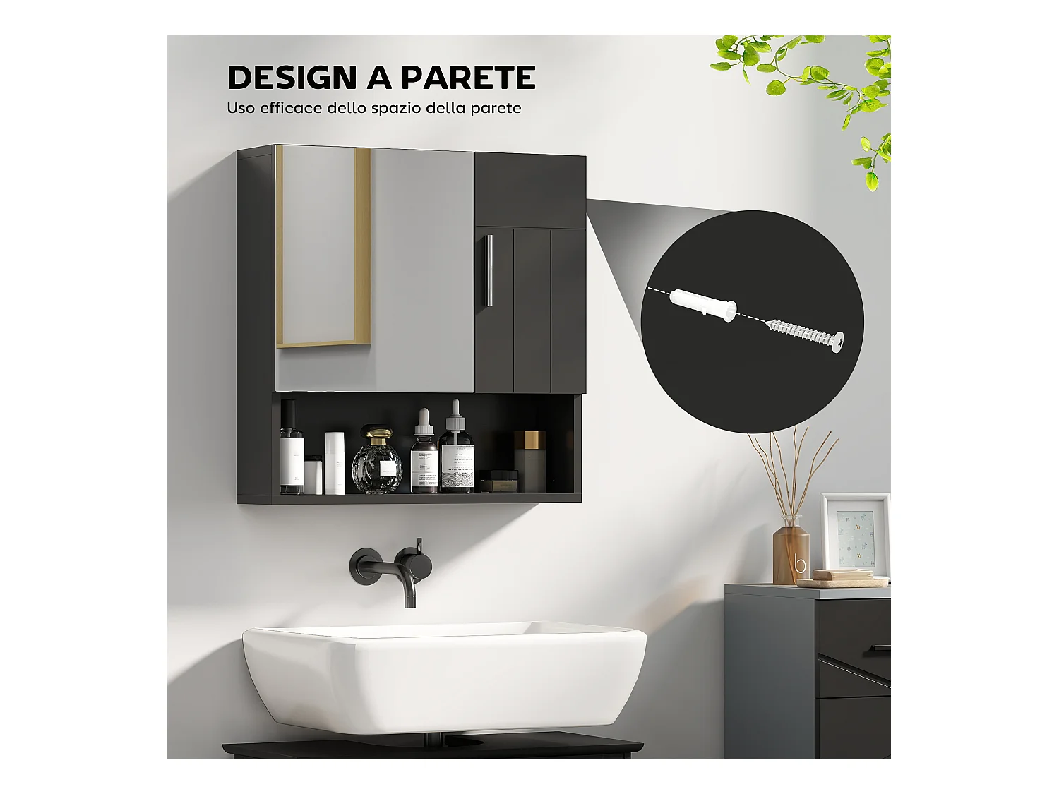 Specchiera bagno in legno a 2 ante con ripiano aperto nero