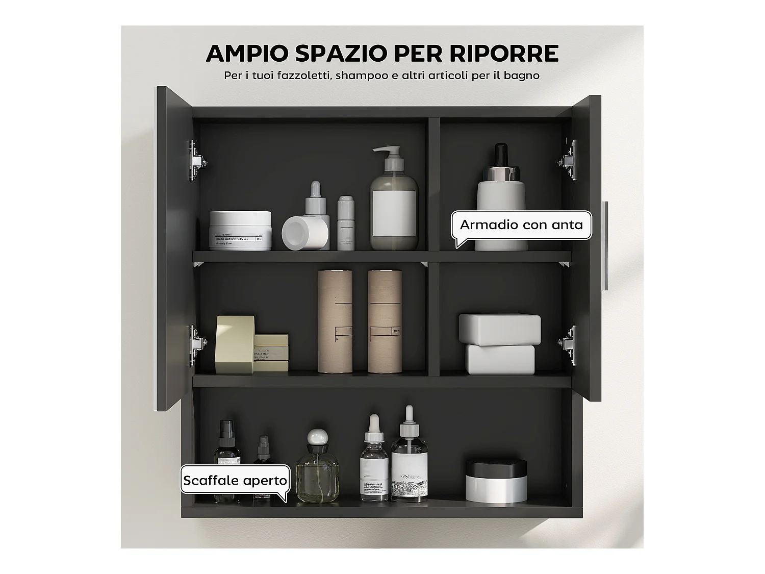 Specchiera bagno in legno a 2 ante con ripiano aperto nero