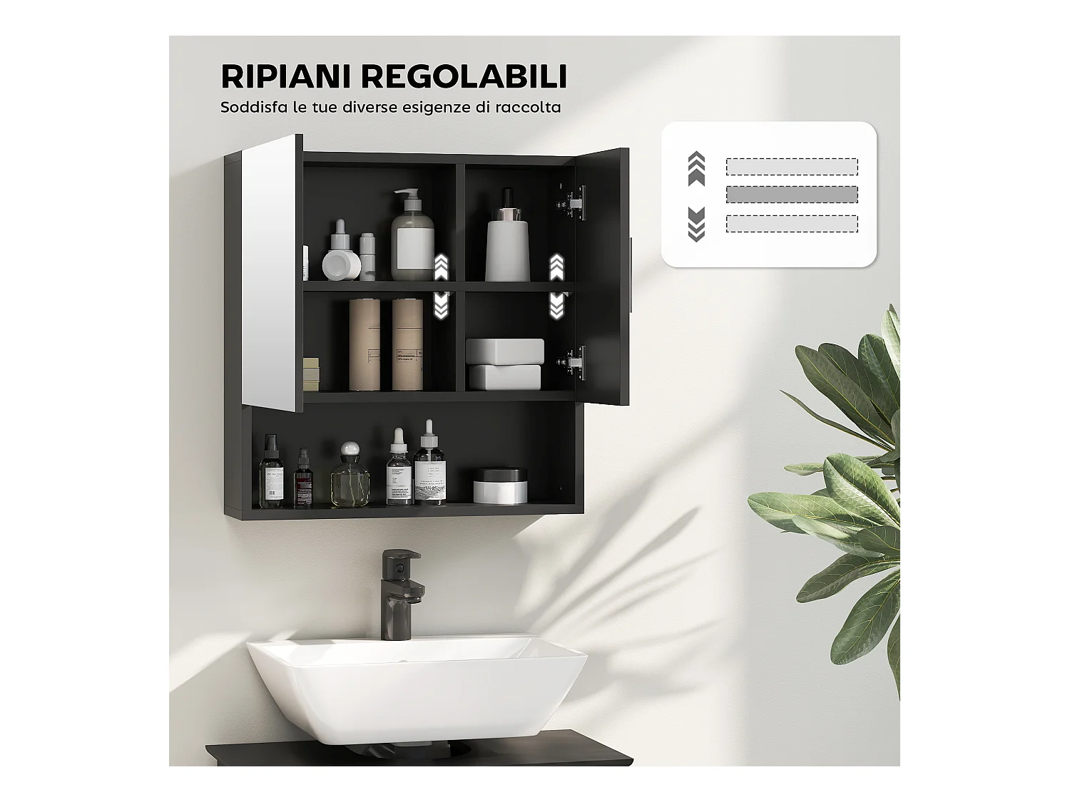 Specchiera bagno in legno a 2 ante con ripiano aperto nero