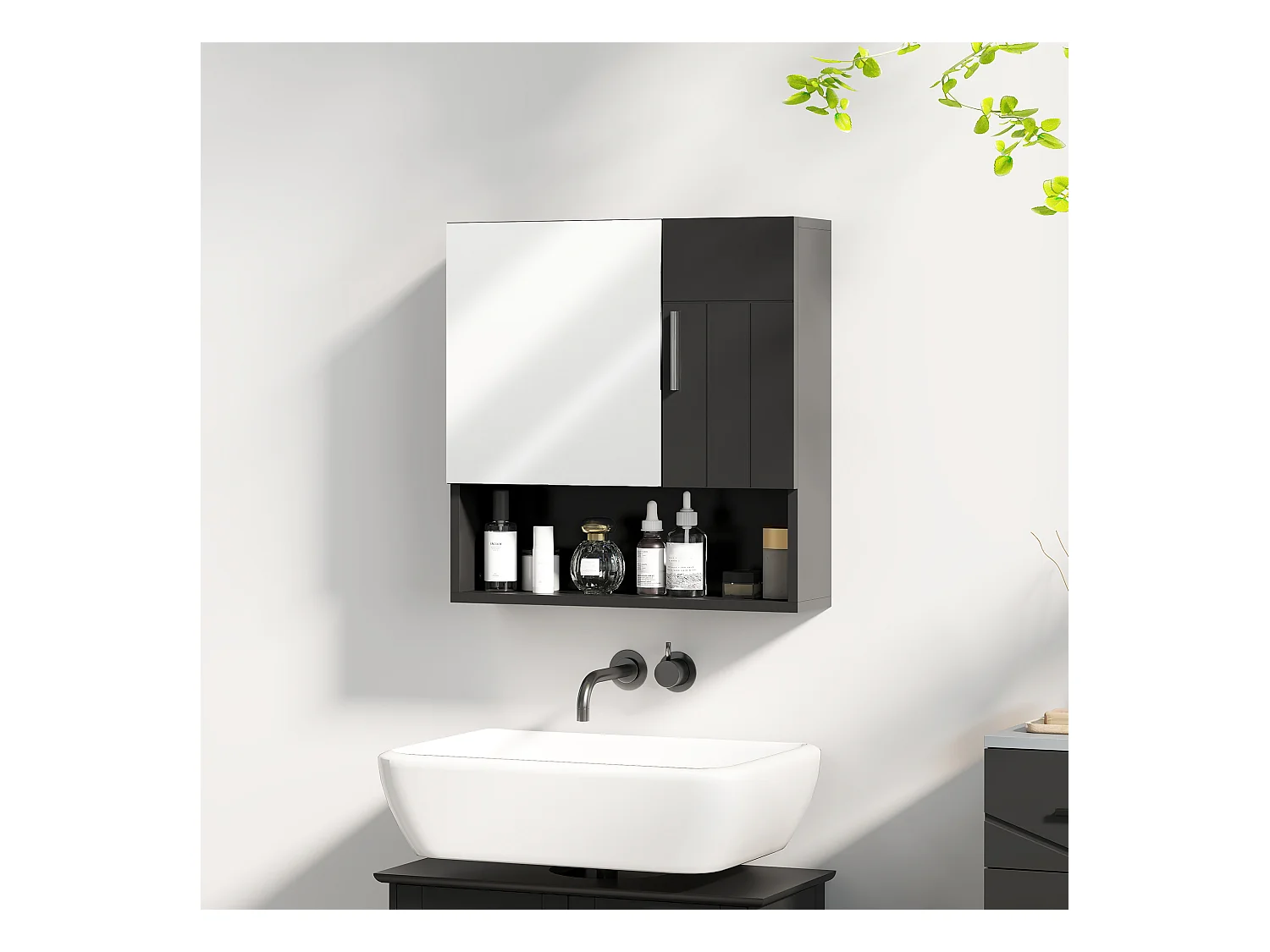 Specchiera bagno in legno a 2 ante con ripiano aperto nero