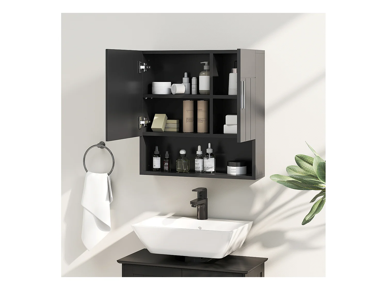 Specchiera bagno in legno a 2 ante con ripiano aperto nero