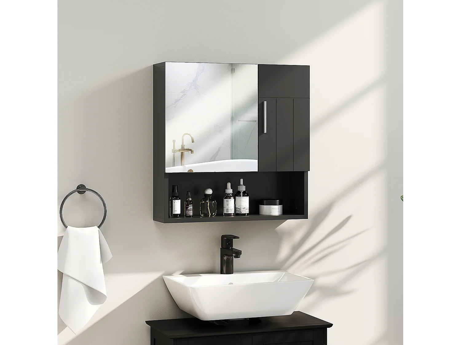 Specchiera bagno in legno a 2 ante con ripiano aperto nero