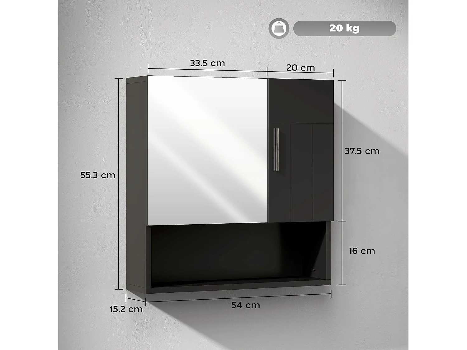 Specchiera bagno in legno a 2 ante con ripiano aperto nero