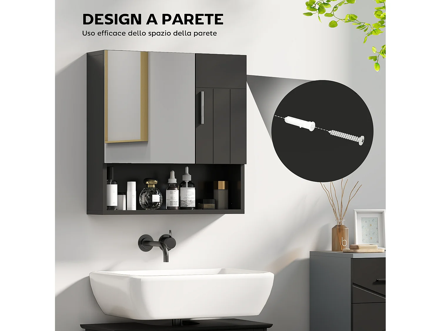 Specchiera bagno in legno a 2 ante con ripiano aperto nero