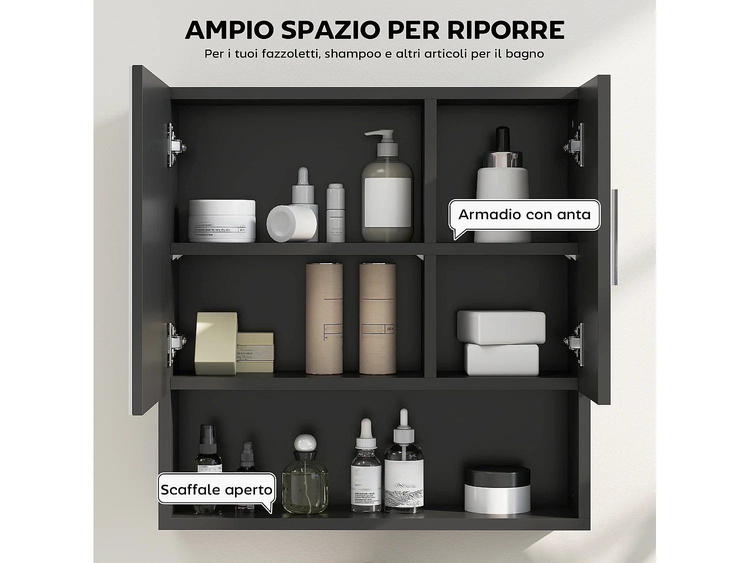Specchiera bagno in legno a 2 ante con ripiano aperto nero