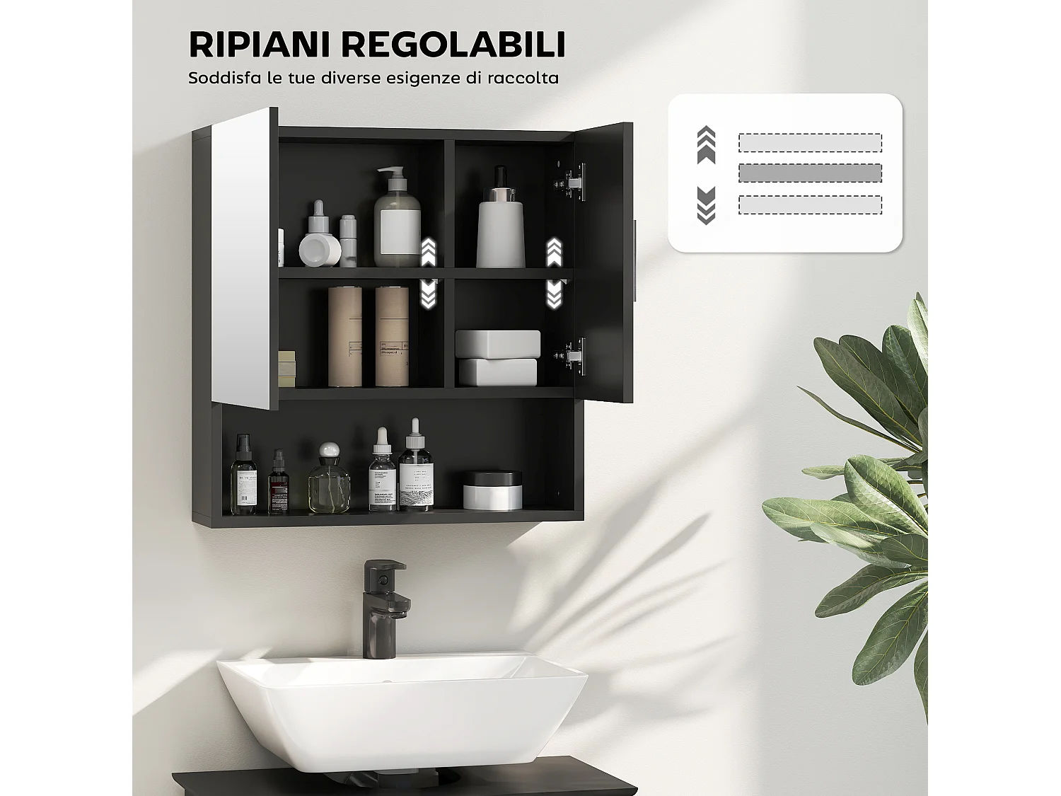 Specchiera bagno in legno a 2 ante con ripiano aperto nero