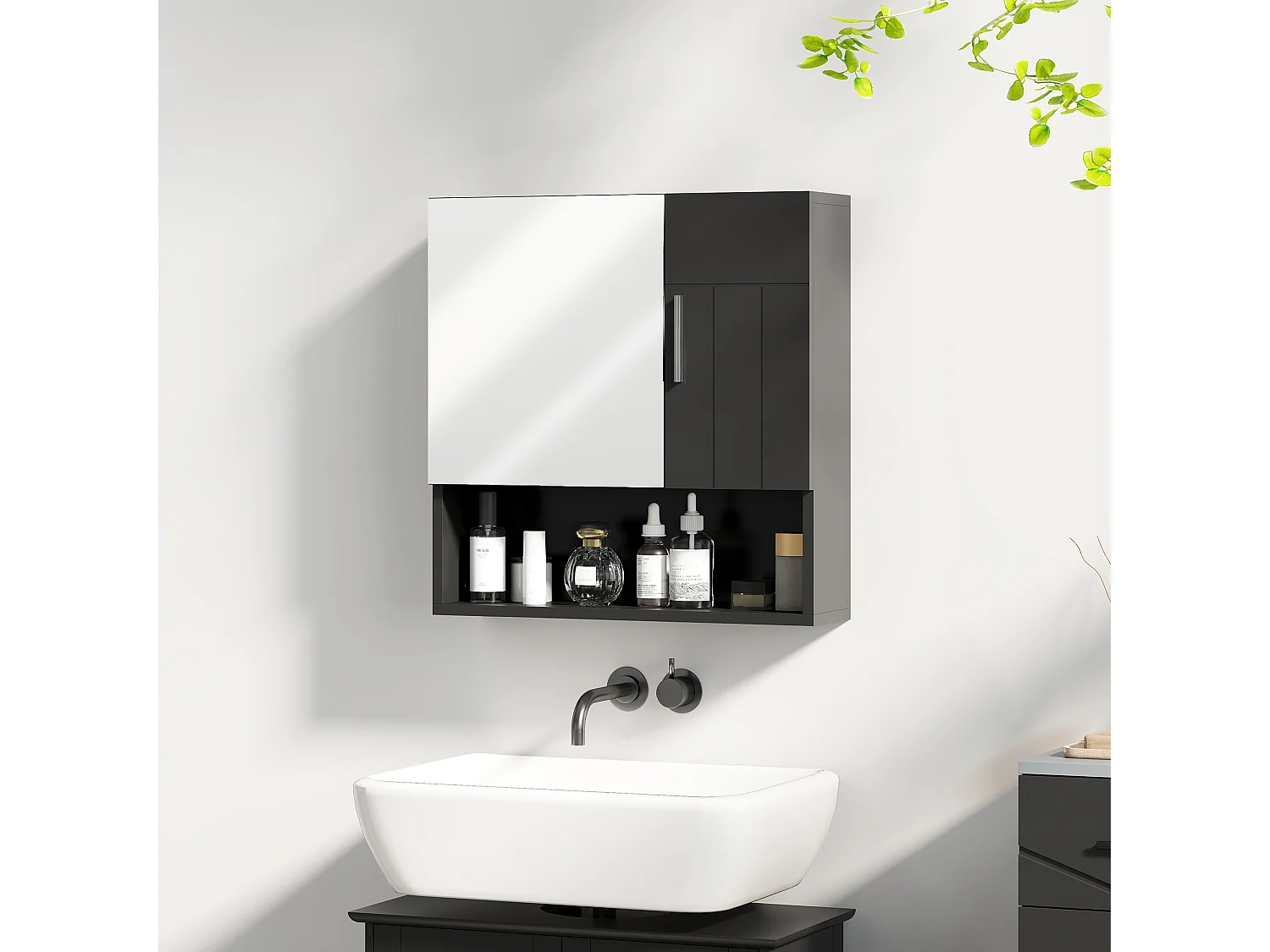 Specchiera bagno in legno a 2 ante con ripiano aperto nero